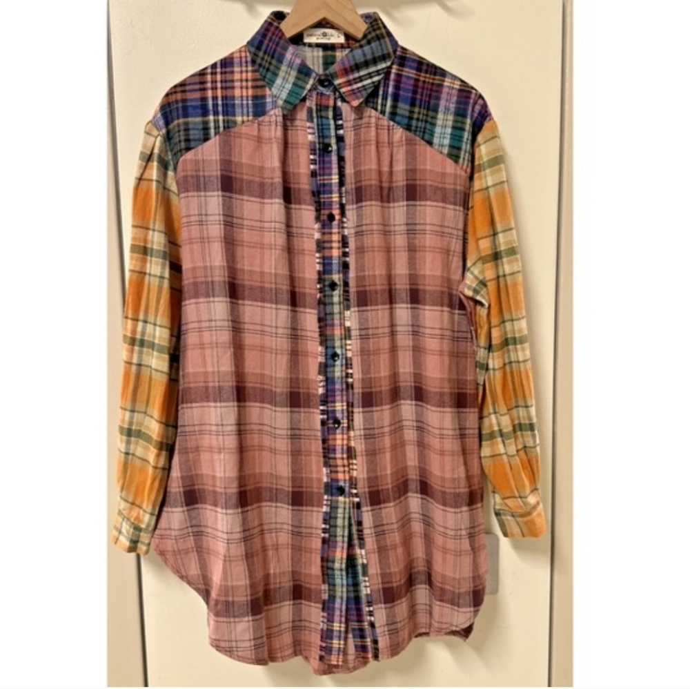 Reworked/upcycled flannel shirt Natural Life Shacket L XL Womens Blue Yellow